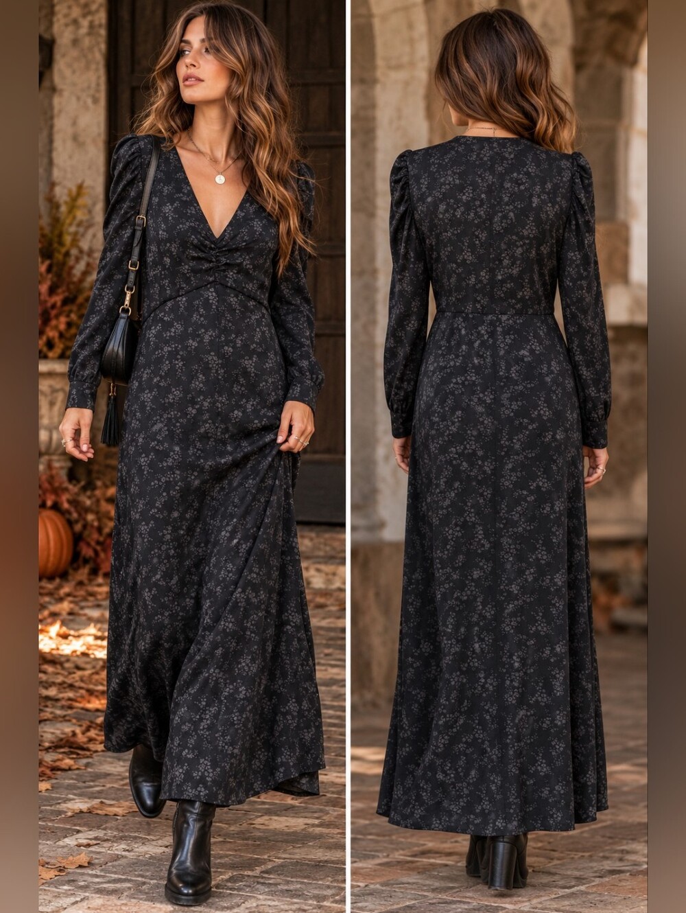 GAP Black Floral V-Neck Maxi Dress with Puff Shoulders
